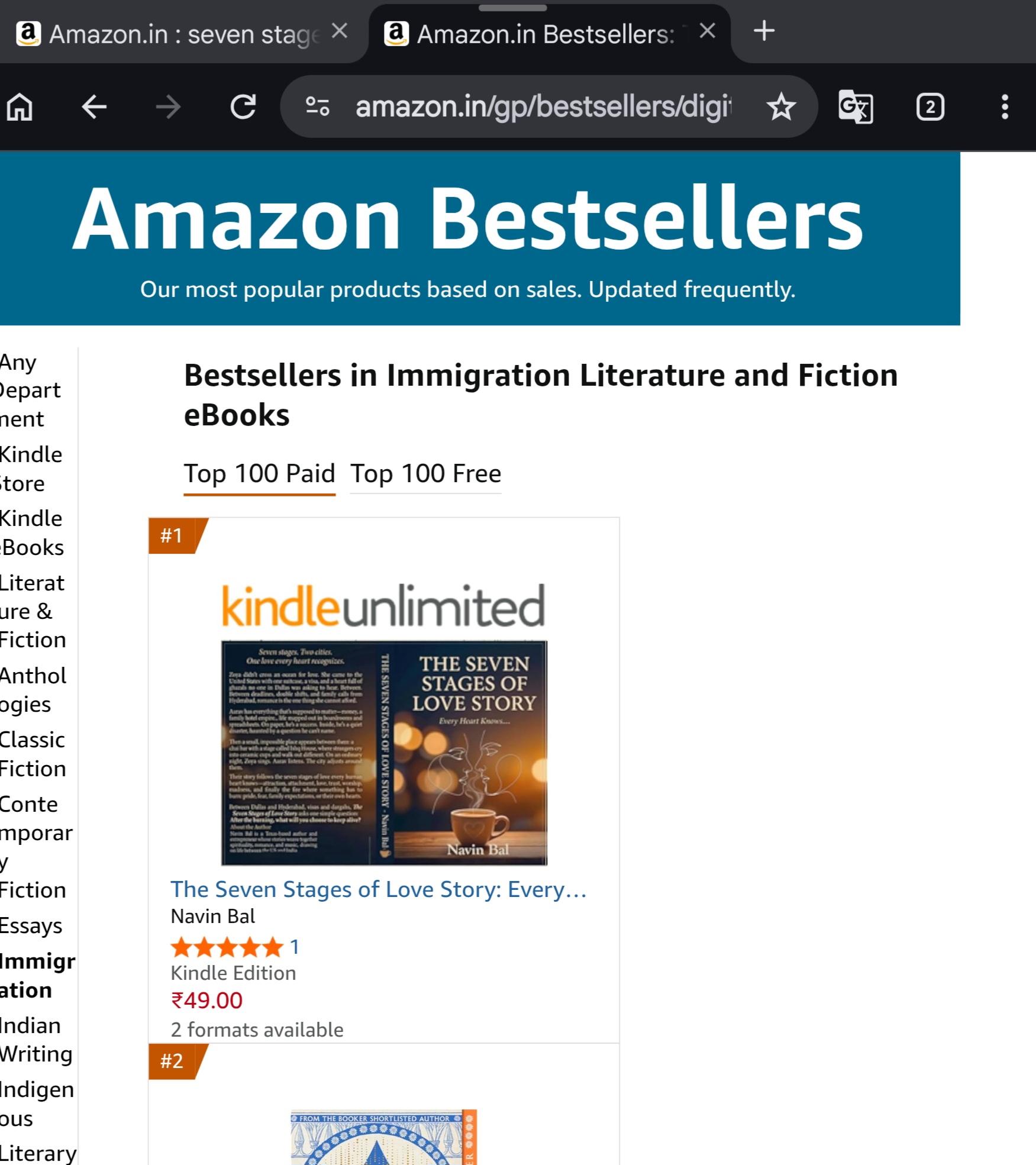 Amazon India Bestsellers — #1 in Immigration Literature & Fiction eBooks: The Seven Stages of Love Story by Navin Bal